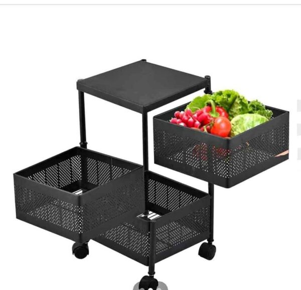 Storage Rack for Kitchen, Rotating Kitchen Storage Rack No Assembly, 3 to 5-Tier Metal Storage Tower Basket Shelves Organizer on Rolling Wheels with Removal Drawers for Fruit Vegetable Grocery Corns Potato Onion, black storage rack, movable storage rack. - Image 5