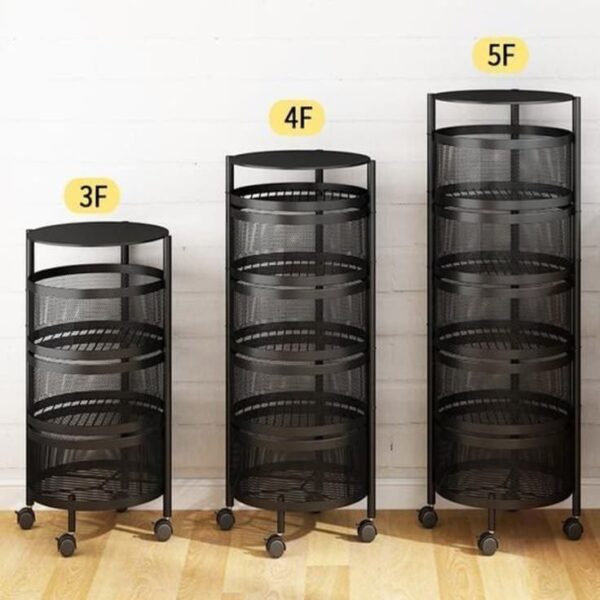 Storage Rack for Kitchen, Rotating Kitchen Storage Rack No Assembly, 3 to 5-Tier Metal Storage Tower Basket Shelves Organizer on Rolling Wheels with Removal Drawers for Fruit Vegetable Grocery Corns Potato Onion, black storage rack, movable storage rack. - Image 8
