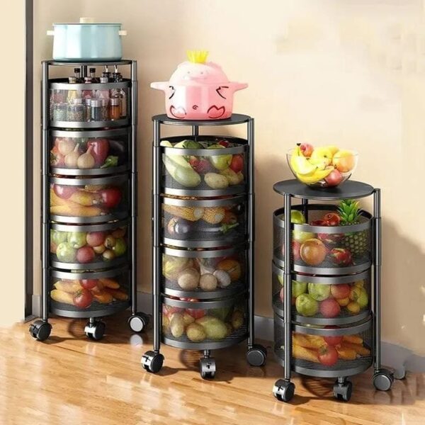 Storage Rack for Kitchen, Rotating Kitchen Storage Rack No Assembly, 3 to 5-Tier Metal Storage Tower Basket Shelves Organizer on Rolling Wheels with Removal Drawers for Fruit Vegetable Grocery Corns Potato Onion, black storage rack, movable storage rack. - Image 2