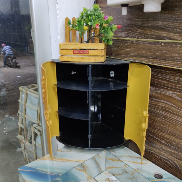 Wall Mounted Bathroom Cabinet with Carved Wooden Design – Corner Storage Shelf with Openable Door - Image 4