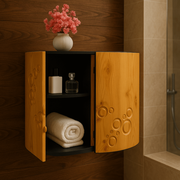 Wall Mounted Bathroom Cabinet with Carved Wooden Design – Corner Storage Shelf with Openable Door