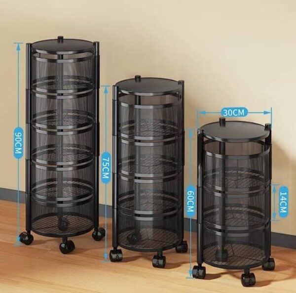 Storage Rack for Kitchen, Rotating Kitchen Storage Rack No Assembly, 3 to 5-Tier Metal Storage Tower Basket Shelves Organizer on Rolling Wheels with Removal Drawers for Fruit Vegetable Grocery Corns Potato Onion, black storage rack, movable storage rack. - Image 4