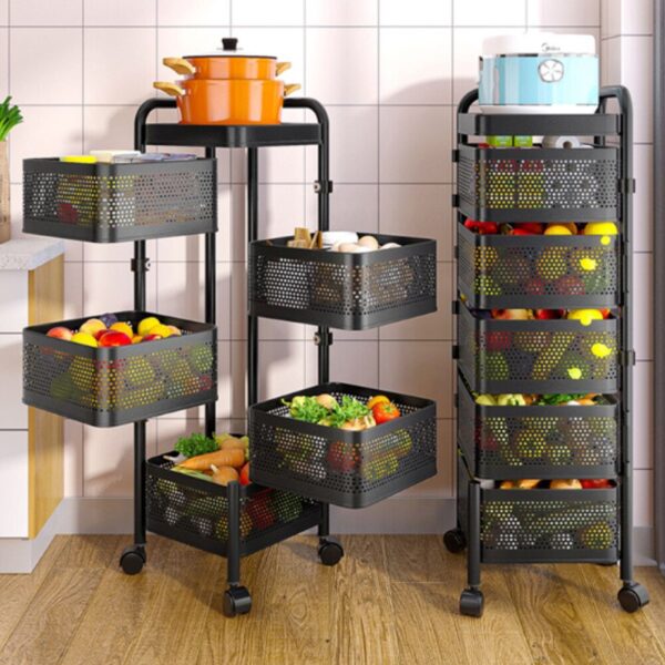 Storage Rack for Kitchen, Rotating Kitchen Storage Rack No Assembly, 3 to 5-Tier Metal Storage Tower Basket Shelves Organizer on Rolling Wheels with Removal Drawers for Fruit Vegetable Grocery Corns Potato Onion, black storage rack, movable storage rack.