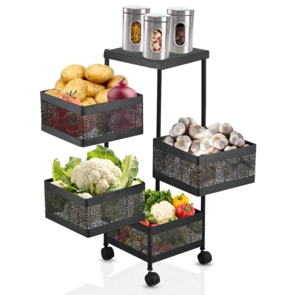 Storage Rack for Kitchen, Rotating Kitchen Storage Rack No Assembly, 3 to 5-Tier Metal Storage Tower Basket Shelves Organizer on Rolling Wheels with Removal Drawers for Fruit Vegetable Grocery Corns Potato Onion, black storage rack, movable storage rack. - Image 6