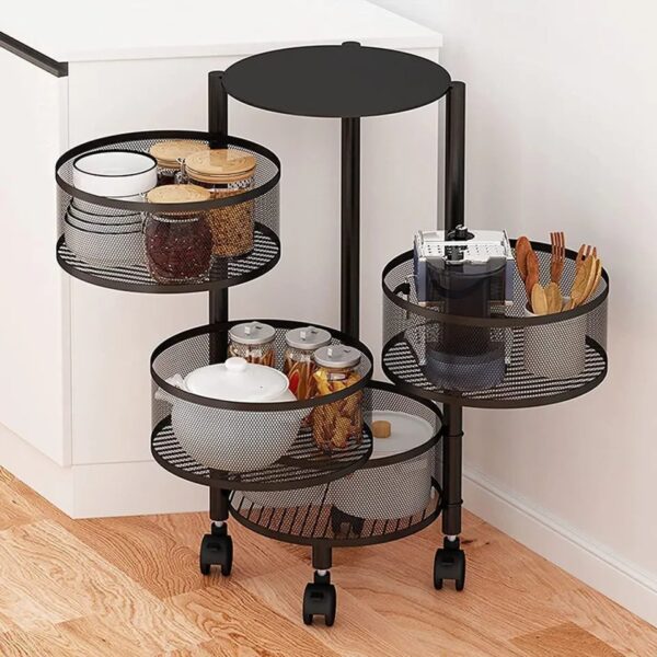 Storage Rack for Kitchen, Rotating Kitchen Storage Rack No Assembly, 3 to 5-Tier Metal Storage Tower Basket Shelves Organizer on Rolling Wheels with Removal Drawers for Fruit Vegetable Grocery Corns Potato Onion, black storage rack, movable storage rack. - Image 9