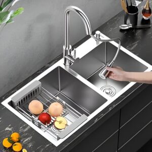 Handmade Sink, Double Bowl 304 Stainless Steel Kitchen Sink 78x43 cm (32x18 Inches) – Scratch Resistant, Sound Proof, Silver Finish with Accessories