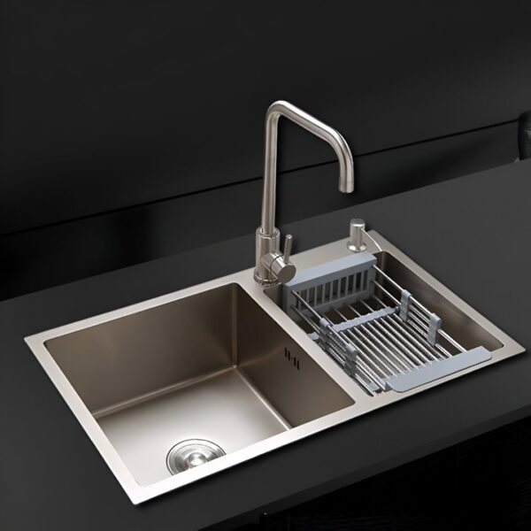 Handmade Sink, Double Bowl 304 Stainless Steel Kitchen Sink 78x43 cm (32x18 Inches) – Scratch Resistant, Sound Proof, Silver Finish with Accessories - Image 3