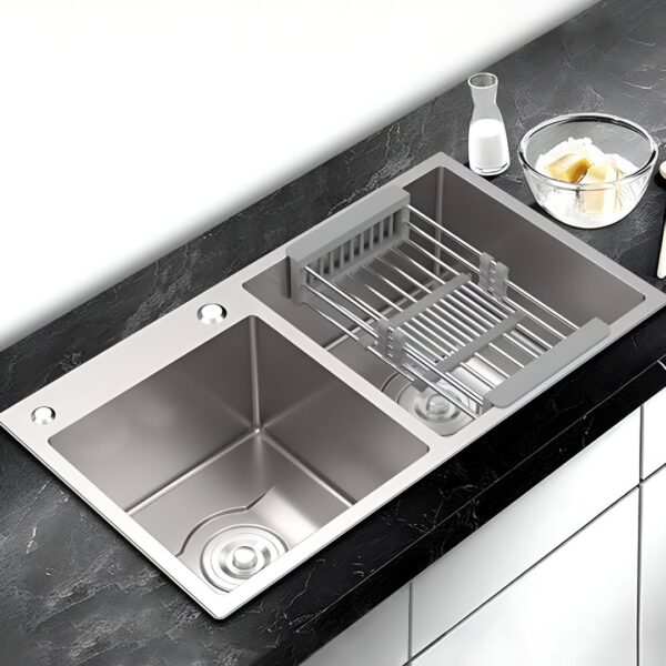 Double Bowl 304 Stainless Steel Kitchen Sink 82x45 cm (32x18 Inches) – Silver Finish, Scratch Resistant, Sound Proof with Accessories - Image 4