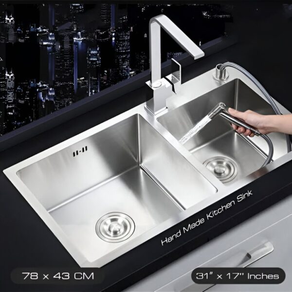 Handmade Sink, Double Bowl 304 Stainless Steel Kitchen Sink 78x43 cm (32x18 Inches) – Scratch Resistant, Sound Proof, Silver Finish with Accessories - Image 2