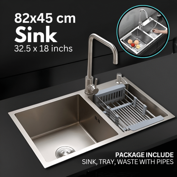 Double Bowl 304 Stainless Steel Kitchen Sink 82x45 cm (32x18 Inches) – Silver Finish, Scratch Resistant, Sound Proof with Accessories